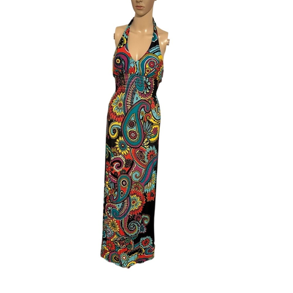 Paisley Halter Maxi Dress Colorful Floral Print Sleeveless Long Dress - Picture 5 of 16